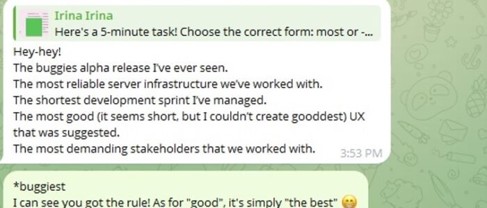 Telegram chat screenshot showing corrections for tech-related superlative sentences